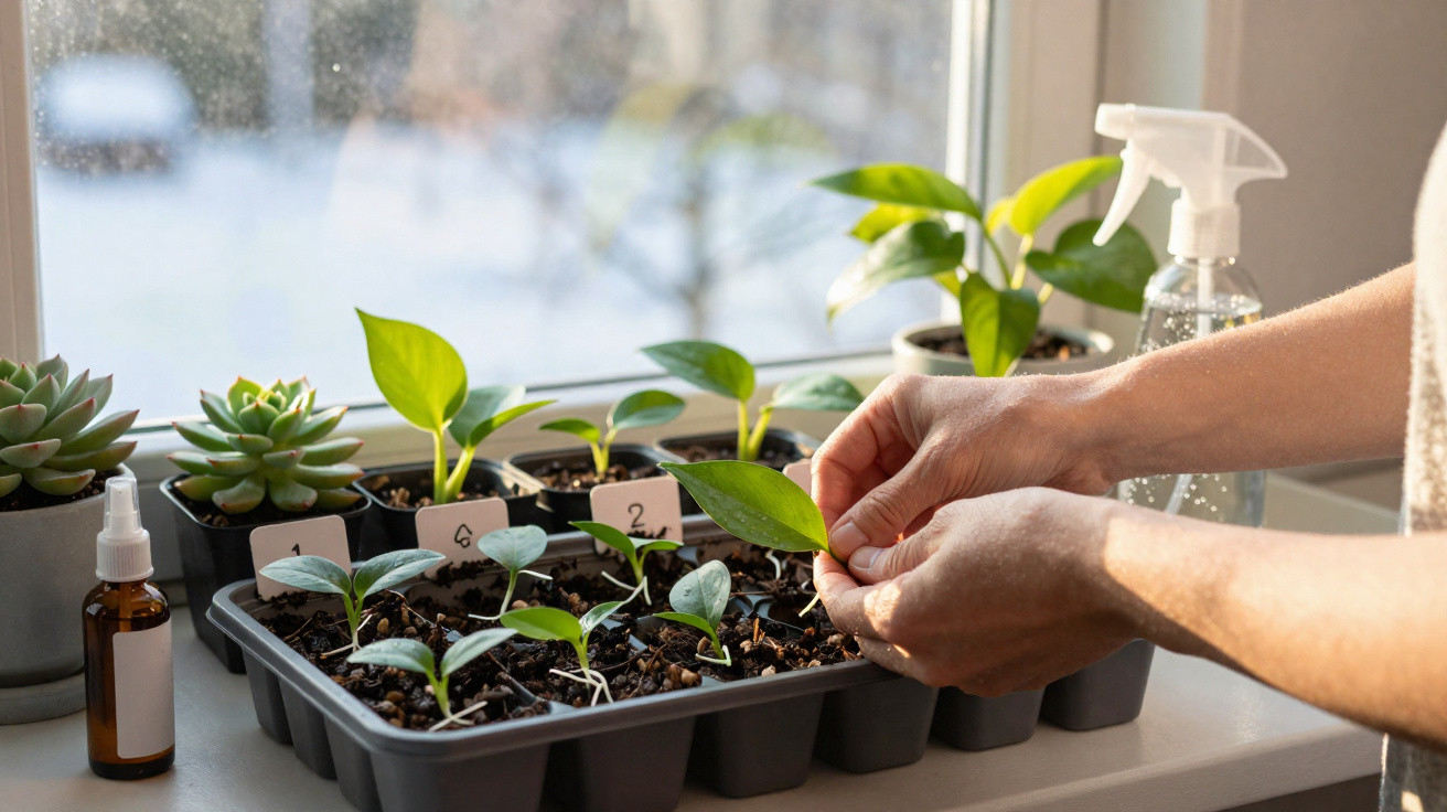 Hands caring for seedlings in a tray on a windowsill with succulents and spray bottles nearby.