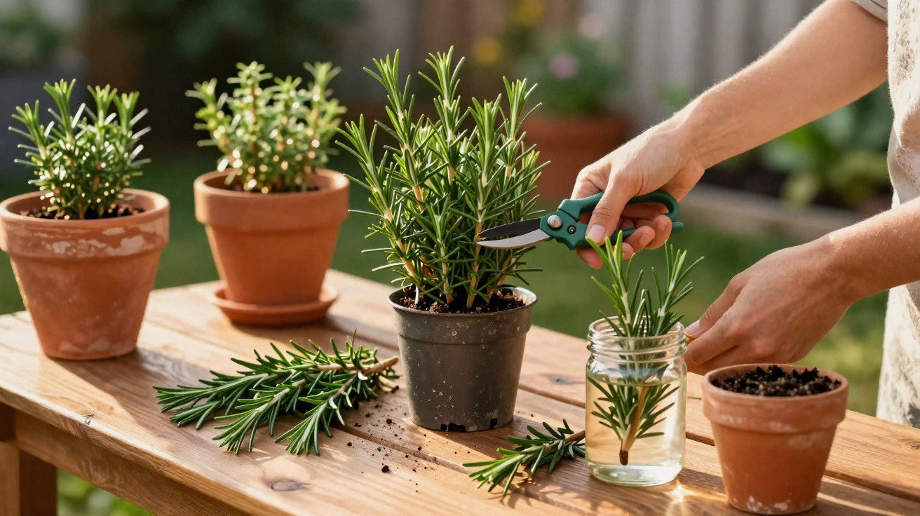 Hands trimming rosemary with scissors next to potted plants on a wooden table outdoors.