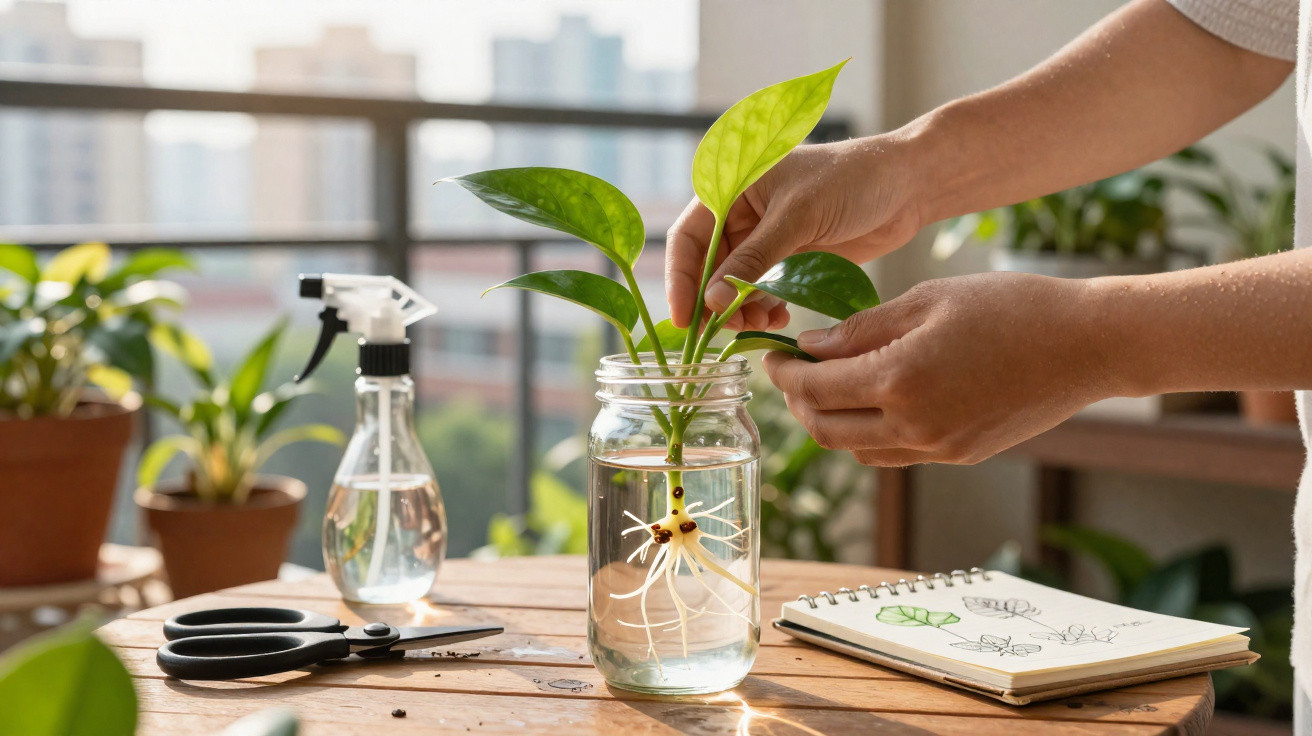 Hands tending to a green plant cutting in a glass jar filled with water on a wooden table indoors.