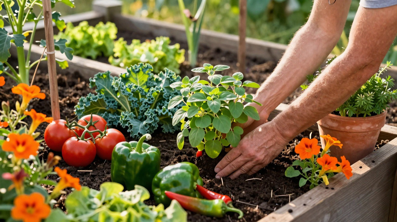 Person planting herbs in a raised garden bed with tomatoes, green peppers, chillies, and flowers nearby.