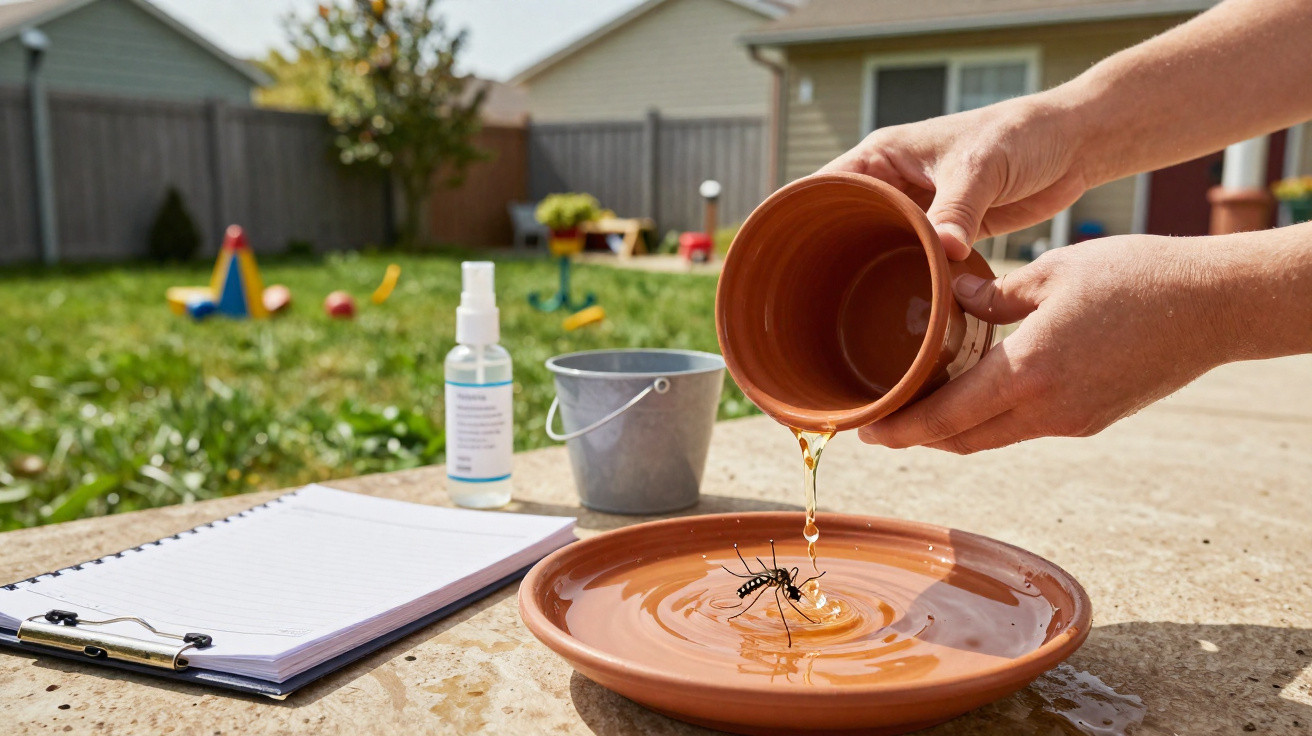 Hands pouring water from a terracotta pot into a plate with a mosquito in a sunny backyard setting.