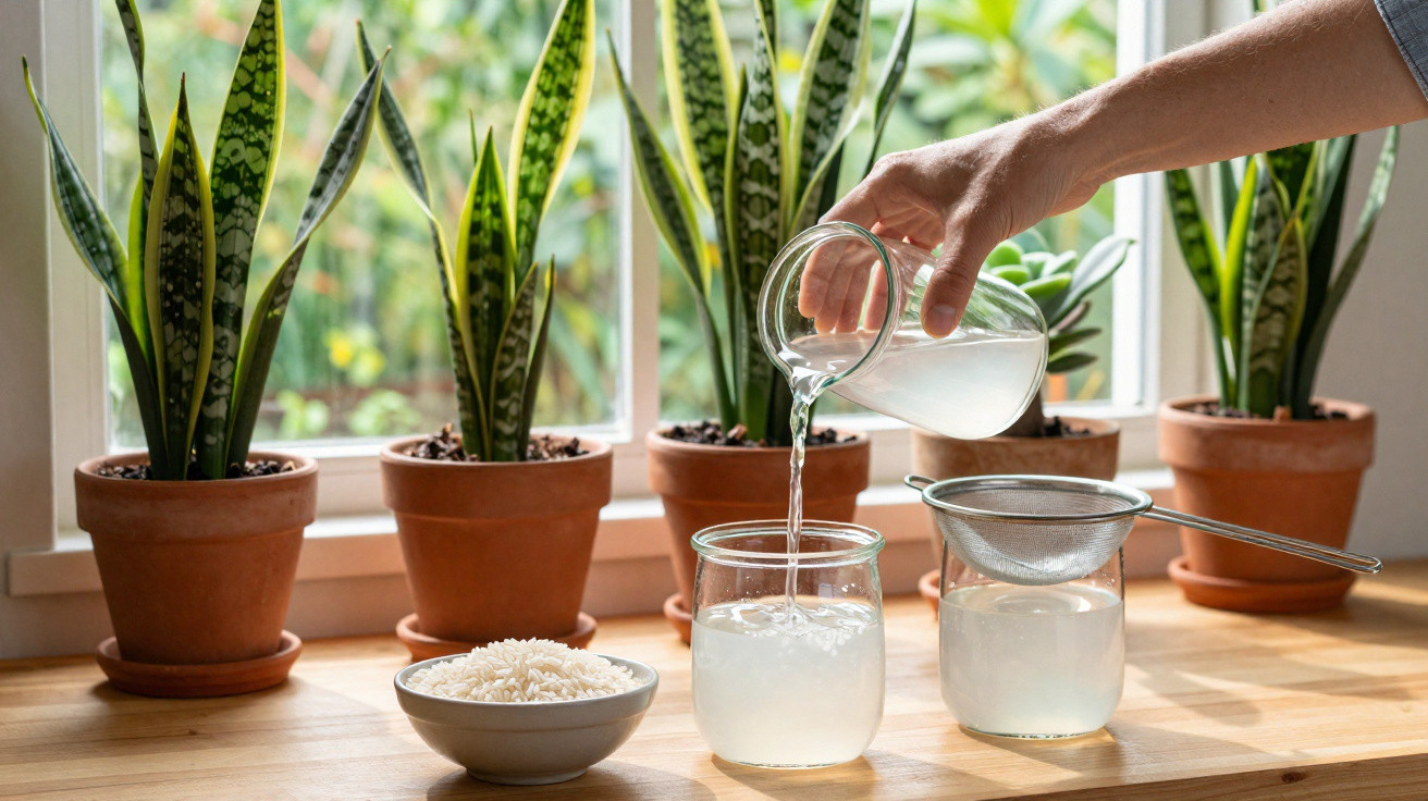 Hand pouring water from a glass jug through a sieve into a glass on a wooden table with plants behind.