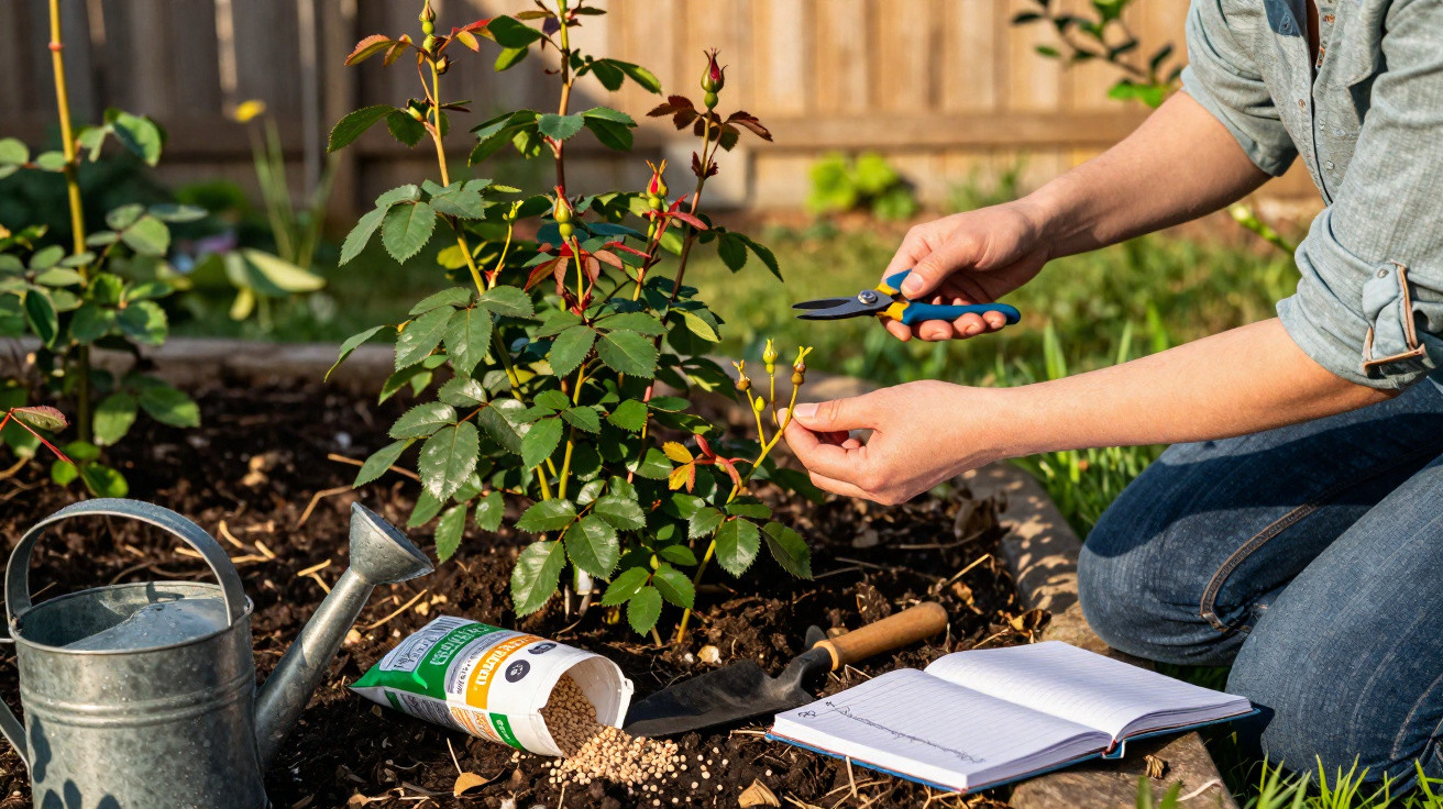 Person pruning rosebuds in garden bed with watering can, fertiliser, trowel, and open notebook nearby.