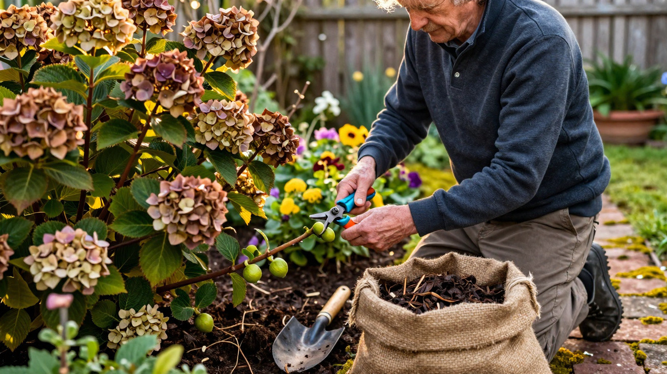 Elderly man pruning fruiting plant with secateurs in a garden, surrounded by flowers and gardening tools.
