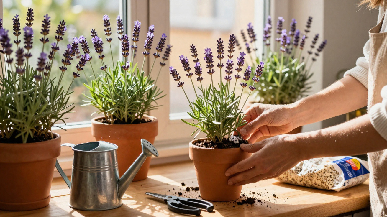 Person repotting lavender plants in terracotta pots on a sunny windowsill with gardening tools nearby.