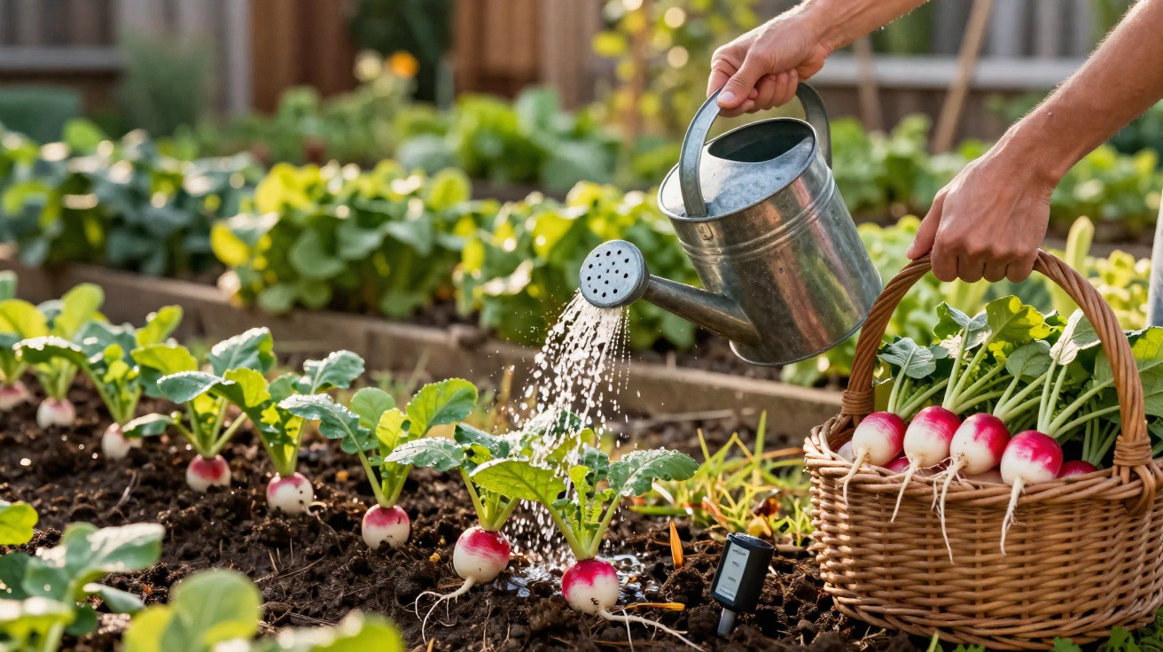 Hands watering a vegetable garden with a metal watering can and a basket of freshly picked radishes.