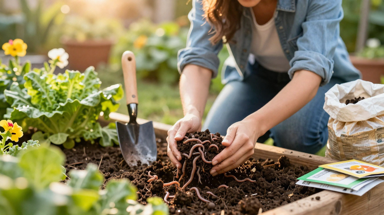 Person holding soil filled with earthworms in a garden bed next to a garden trowel and seed packets.