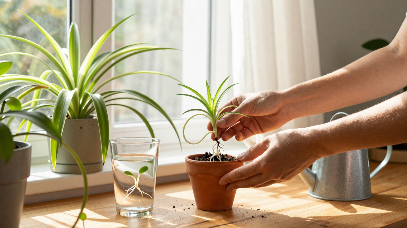 Hands planting a small spider plant with roots into a terracotta pot on a sunny windowsill.