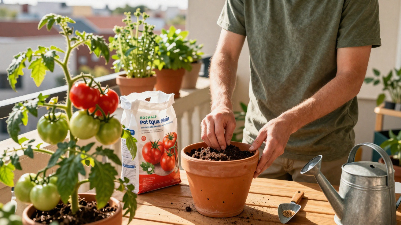 Person planting seeds in a pot on a balcony with tomato plants, soil bag, and watering can nearby.