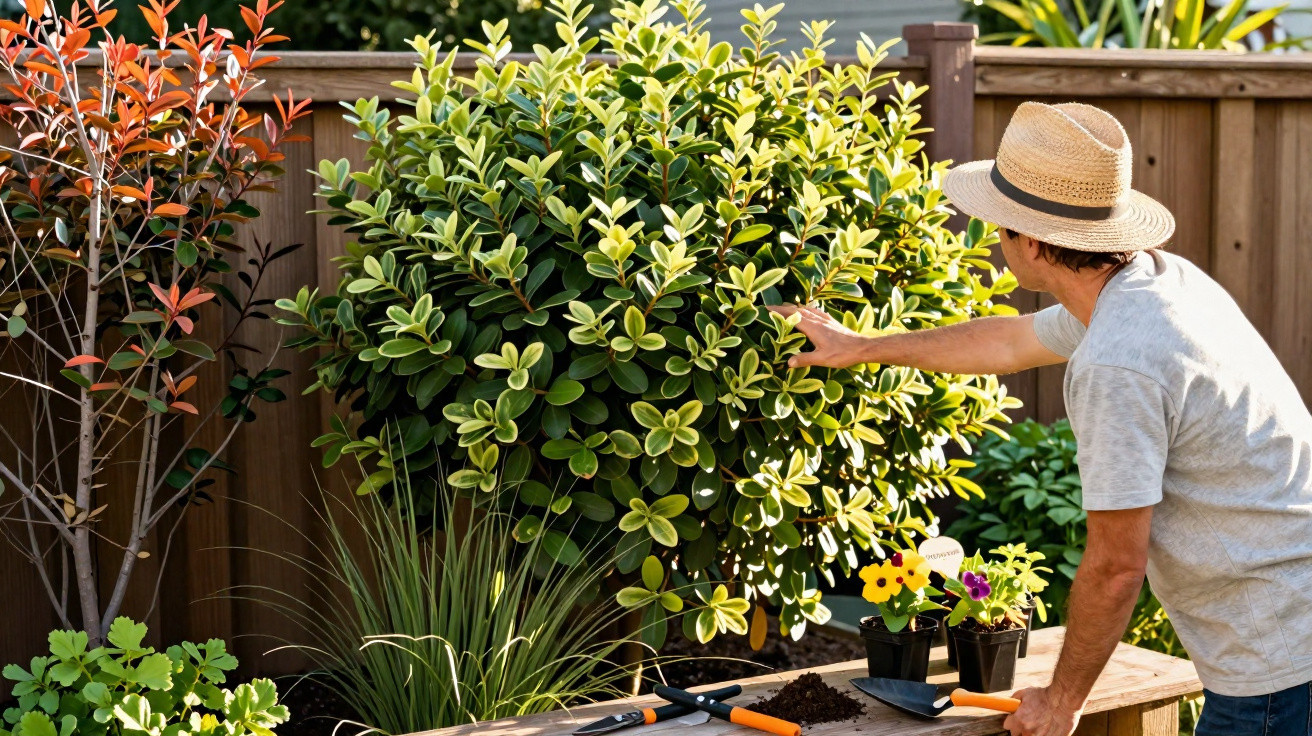Man wearing a straw hat tending to a variegated shrub in a wooden fenced garden with gardening tools nearby.
