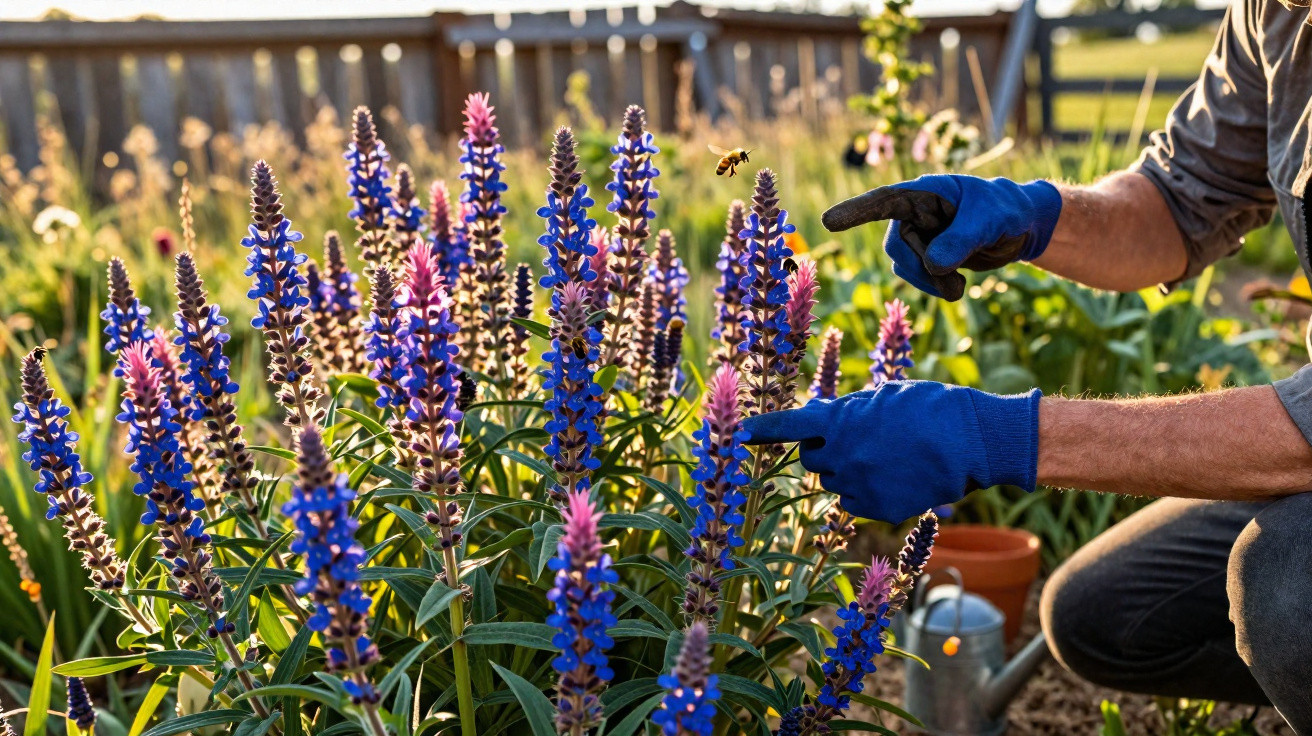 Person wearing blue gloves pointing at purple and pink flowers with a bee flying near them in a garden.