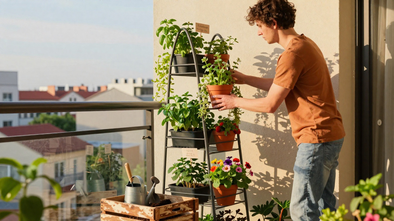 Young man tending to potted plants on a metal shelf on a sunny balcony of an urban apartment.