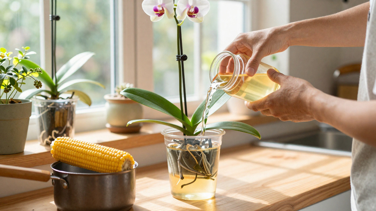 Person pouring liquid from a jar to water an orchid in a clear container on a wooden kitchen countertop.