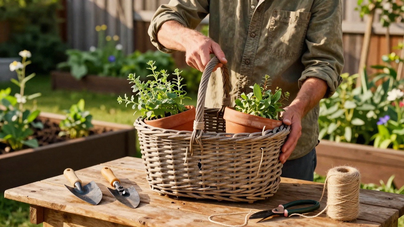 Person holding a wicker basket with potted plants on a wooden table with gardening tools outdoors.