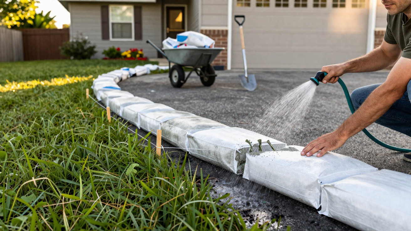 Person watering newly installed fabric landscape edging along a driveway with a garden hose.