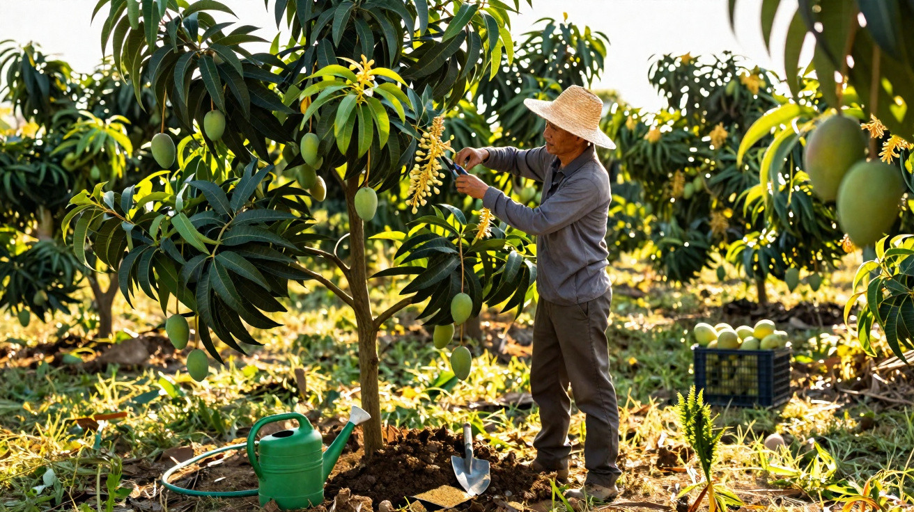 Man in straw hat tending mango tree with yellow flowers in sunny orchard, watering can and crate of mangoes nearby.