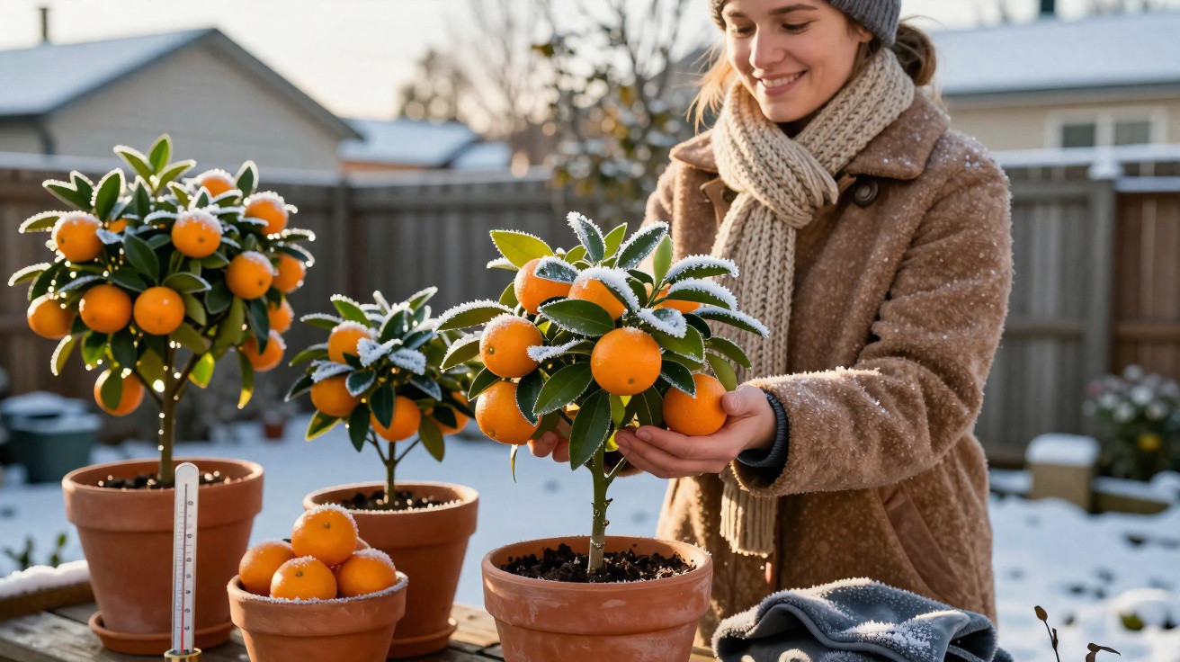 Smiling woman in winter clothes tending frosted potted orange trees in a snowy garden.