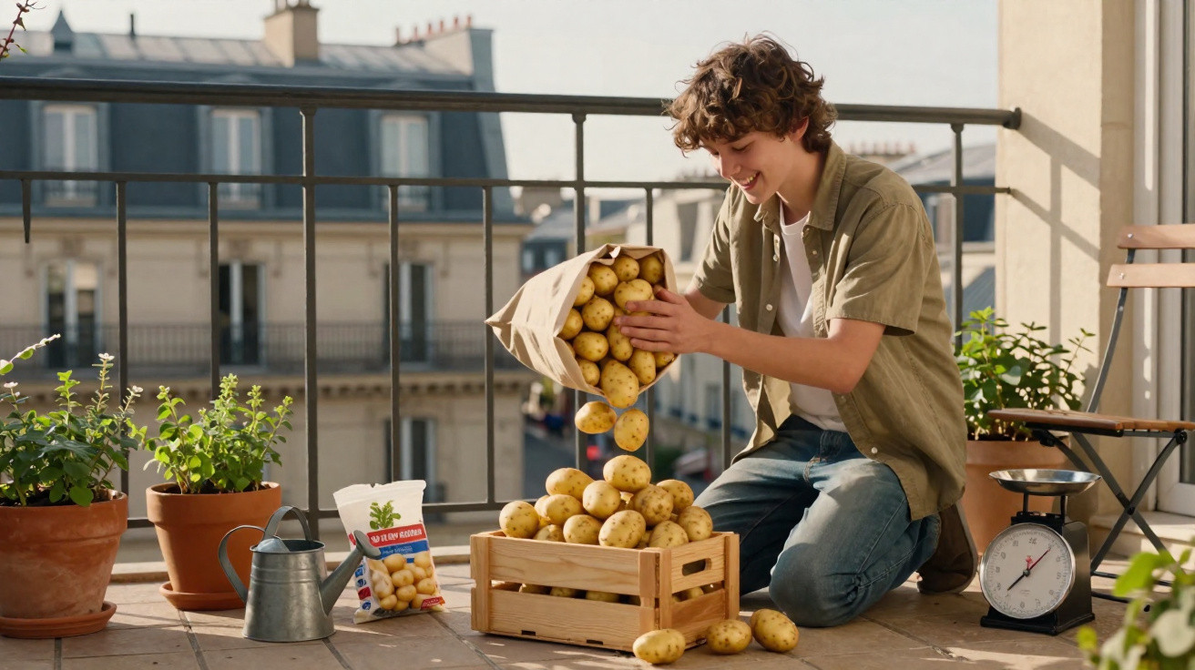 Young person kneeling on balcony, pouring fresh potatoes from paper bag into wooden crate, surrounded by plants and scale.