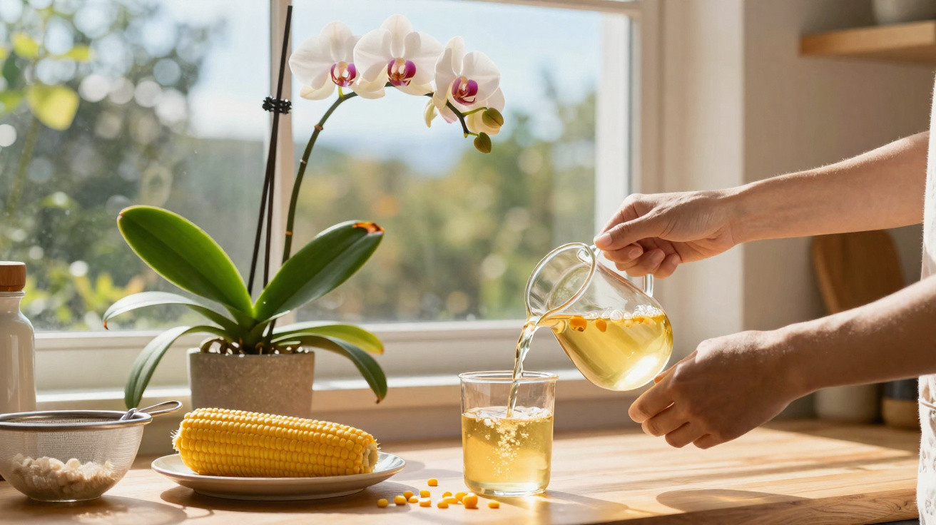Person pouring chamomile tea from a glass teapot into a glass on a sunlit kitchen table.