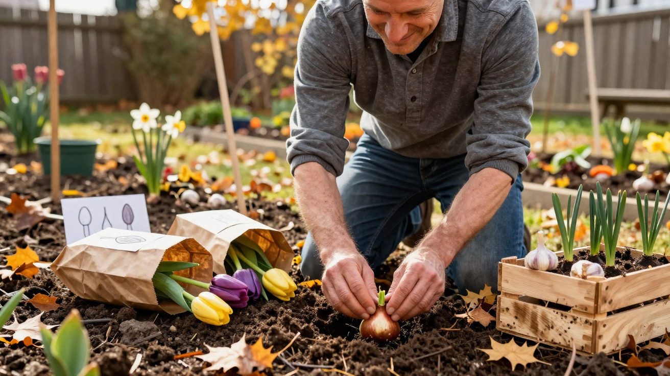 Man planting flower bulbs in garden soil surrounded by tulips, daffodils, and gardening supplies in autumn.
