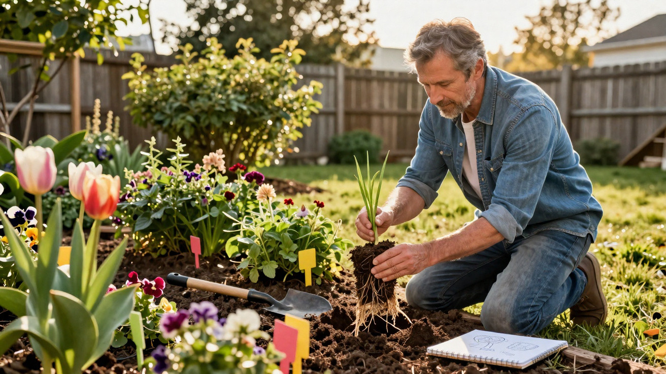 Man kneeling in garden planting flowers with gardening tools and notes nearby on soil at golden hour.