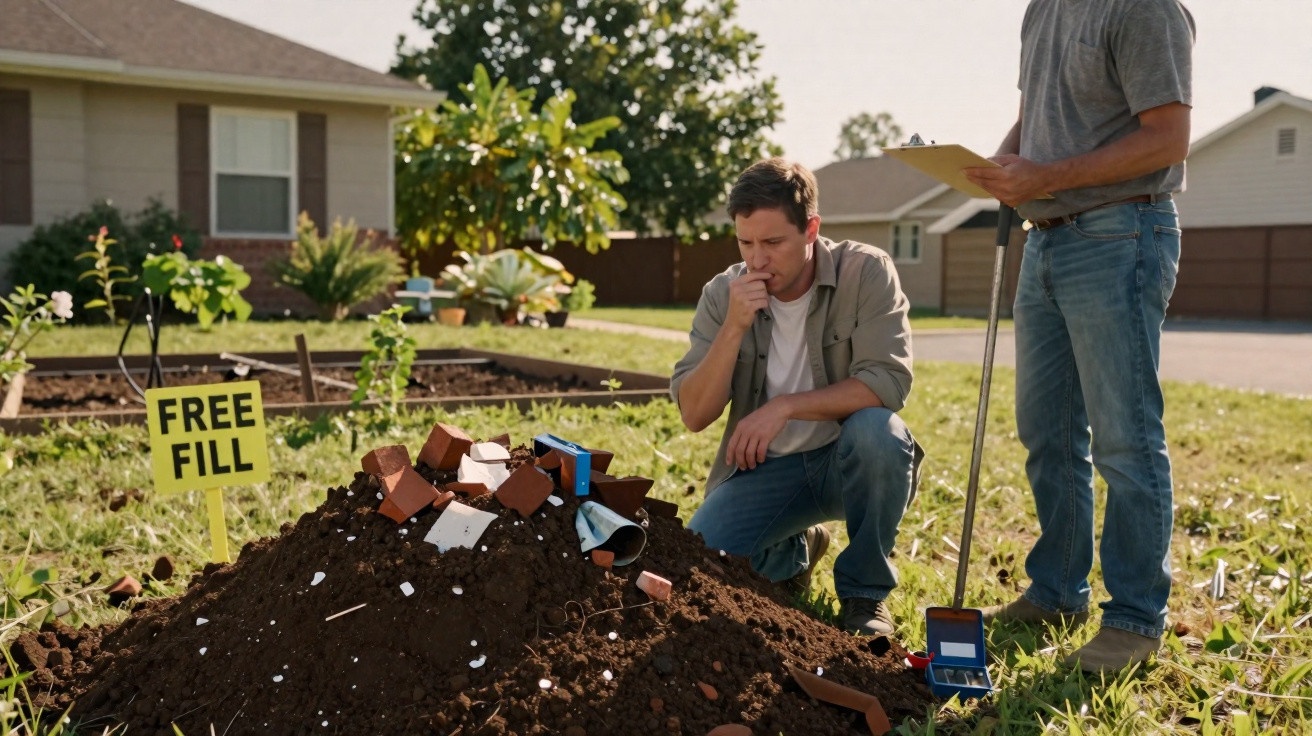 Two men inspecting a pile of soil and debris with a "Free Fill" sign in a residential garden.