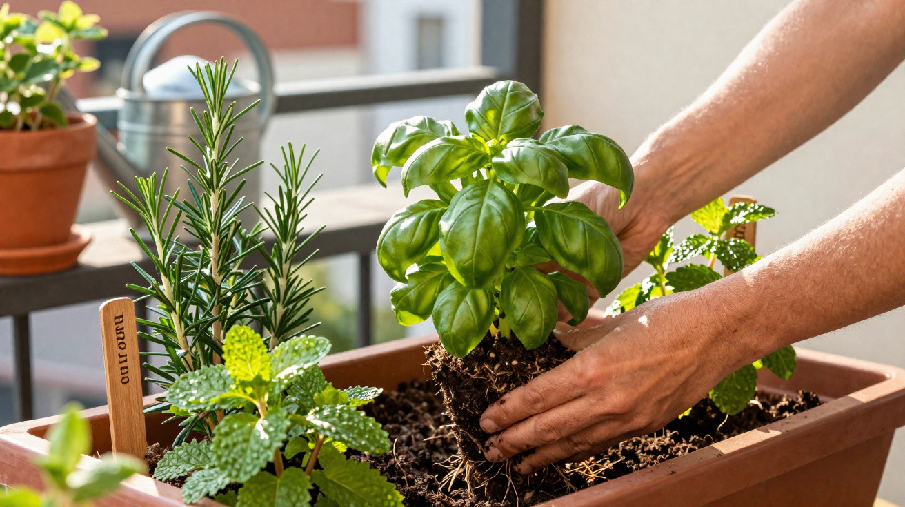 Hands planting a fresh basil herb with roots in a brown rectangular planter on a balcony garden.