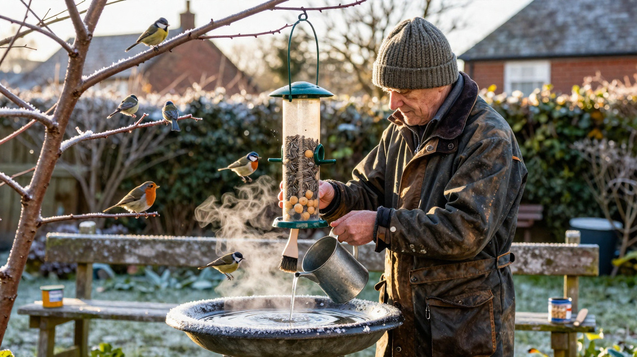 Man fills bird feeder with seeds while birds perch nearby in frosty garden on a cold winter morning.