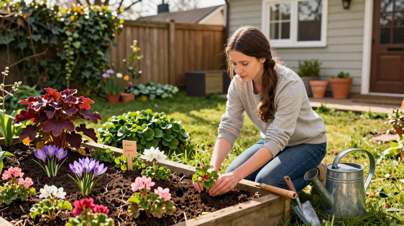 Woman planting flowers in a raised garden bed with gardening tools and watering can nearby in a sunny backyard.