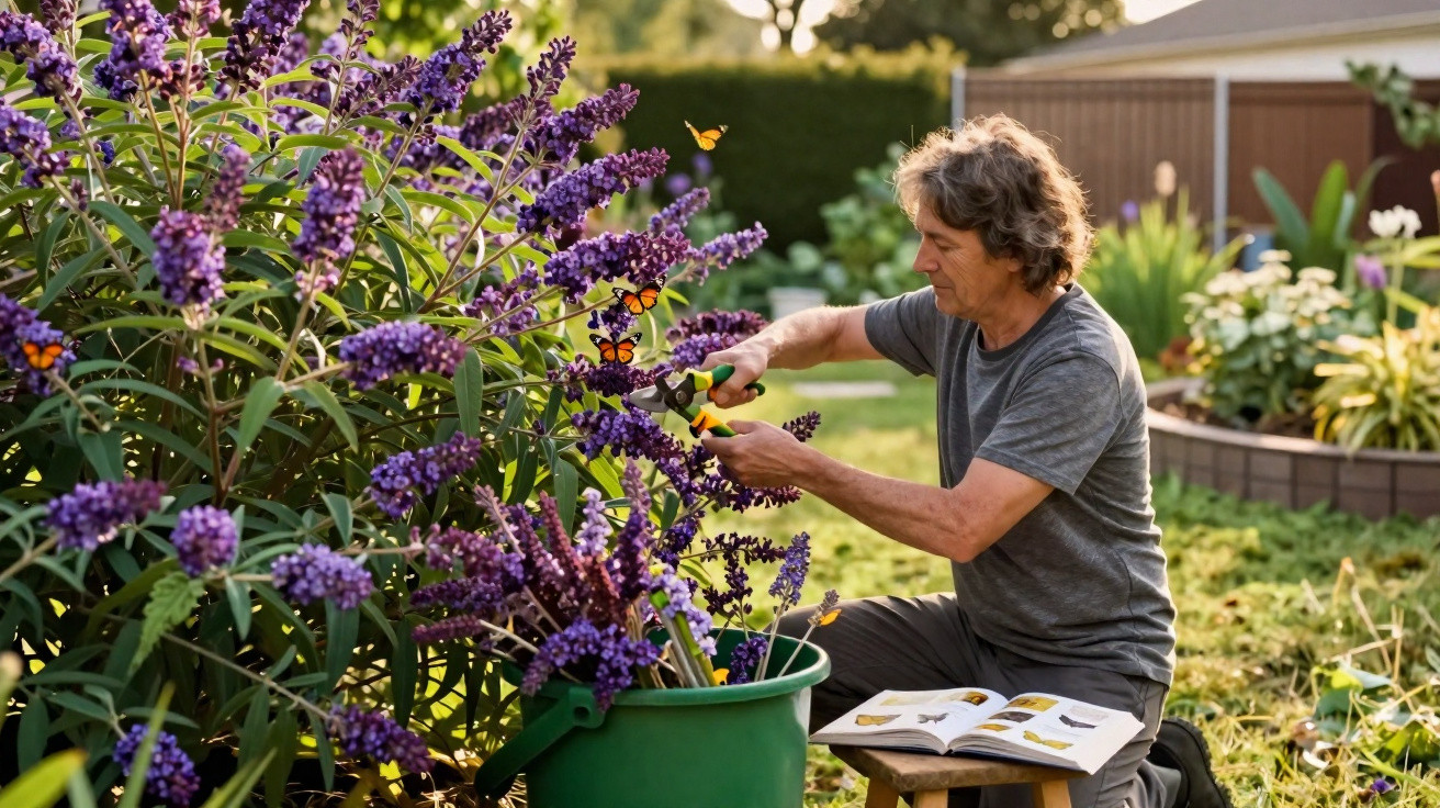 Man pruning purple butterfly bush with garden shears as monarch butterflies fly around in a sunny garden.