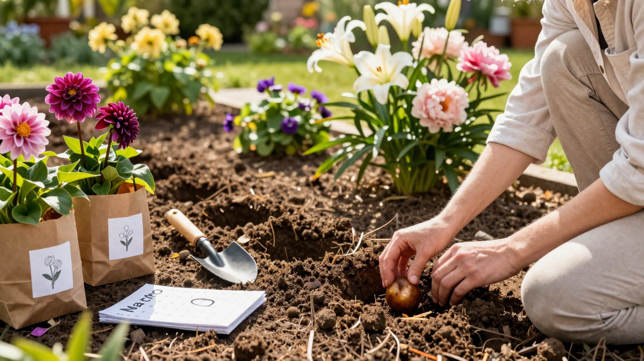 Person planting a flower bulb in garden soil with gardening tools and potted flowers nearby.