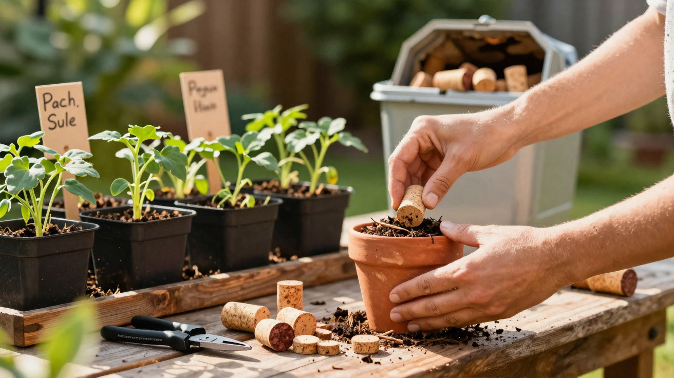 Hands pressing a cork into soil in a terracotta pot on a wooden table with seedlings and gardening tools nearby.
