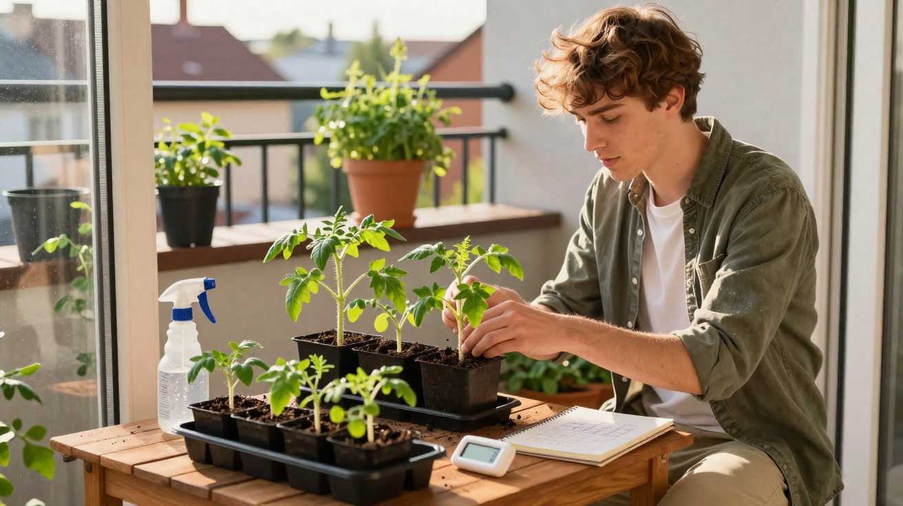 Young man tending tomato seedlings on a wooden table indoors near a balcony with potted plants.
