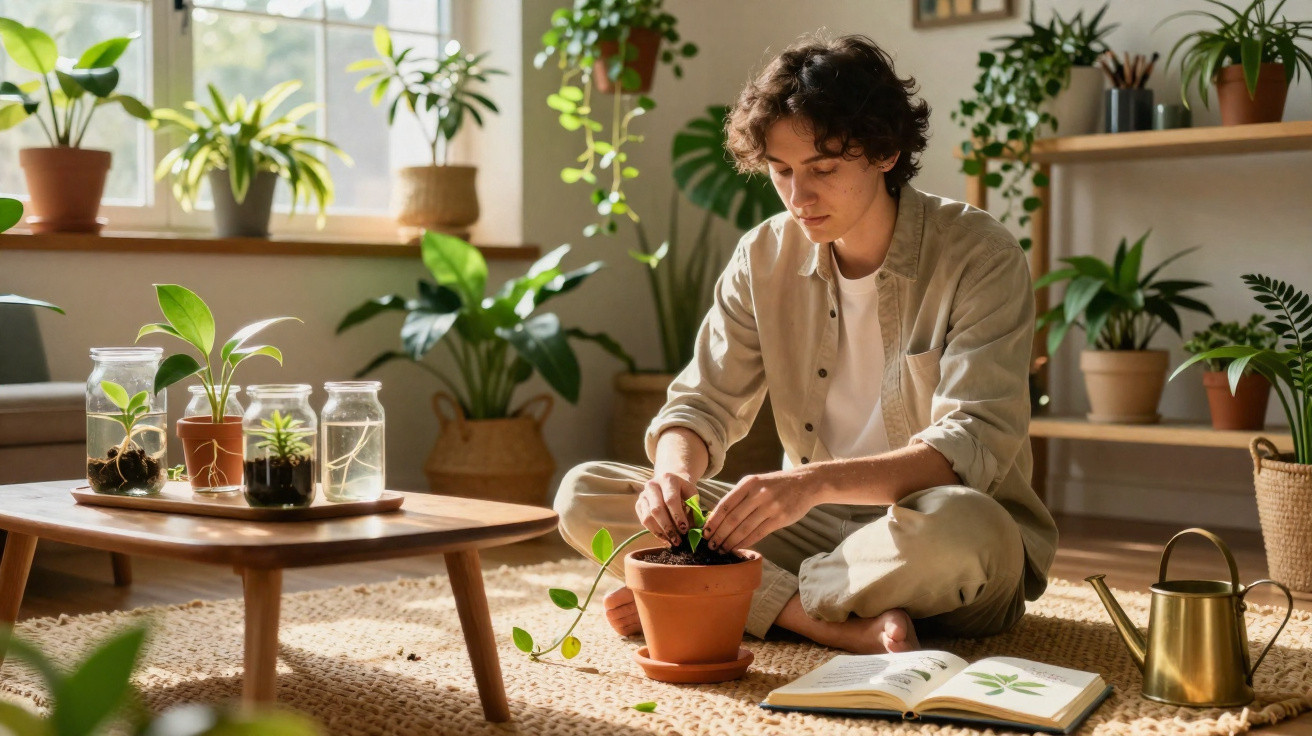 Person sitting on carpet in a sunlit room potting a plant surrounded by various houseplants and gardening tools.