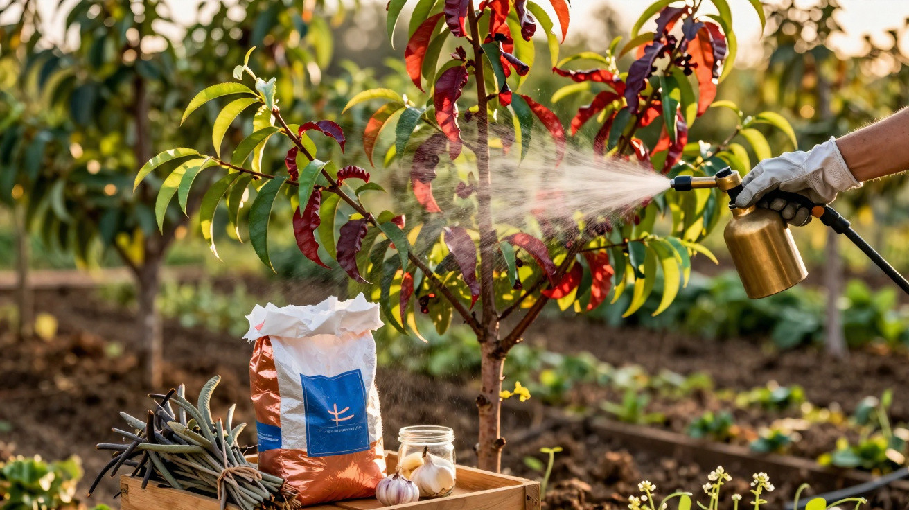 Hand spraying a fruit tree in a garden with fertiliser, garlic, and garden tools on a wooden crate nearby.