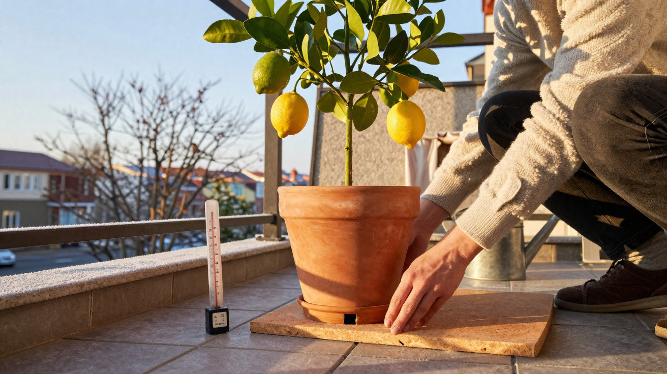 Person placing a lemon tree in a terracotta pot on a balcony tiled floor with a thermometer nearby.