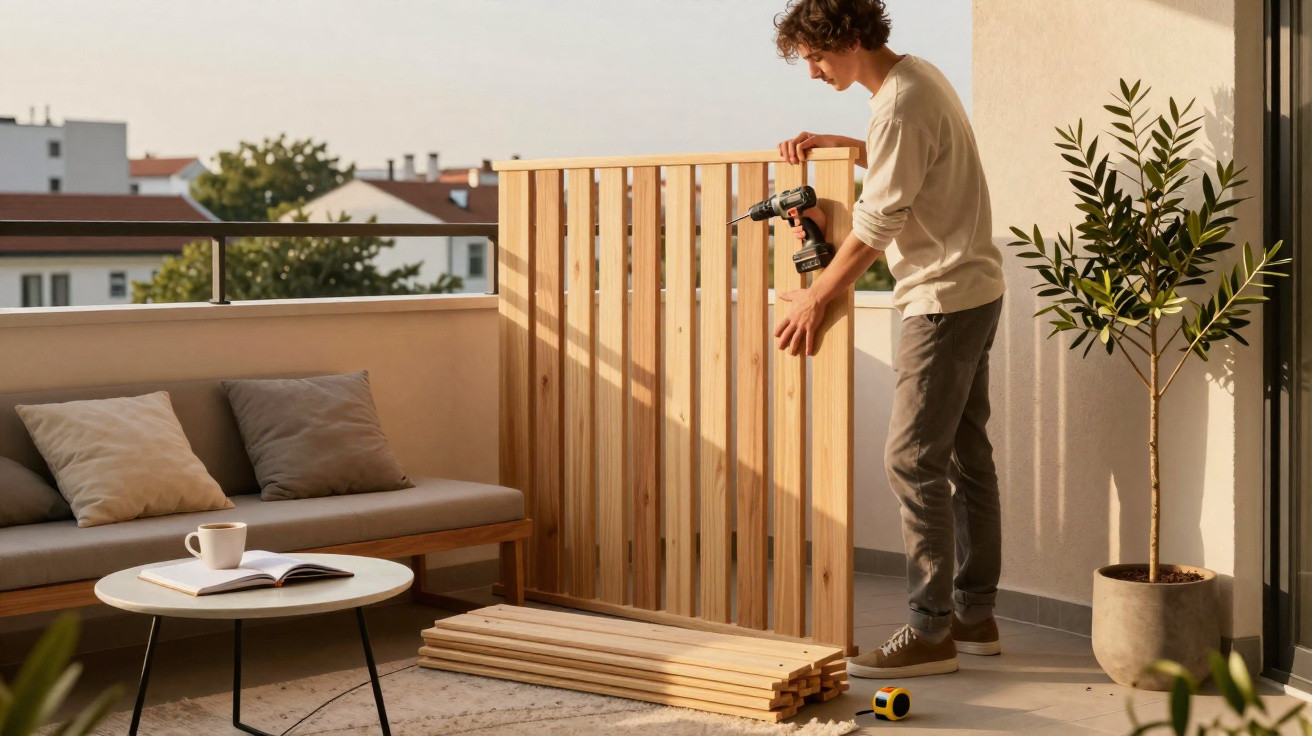 Man assembling wooden furniture on a sunlit balcony with sofa, coffee table, and potted plant.