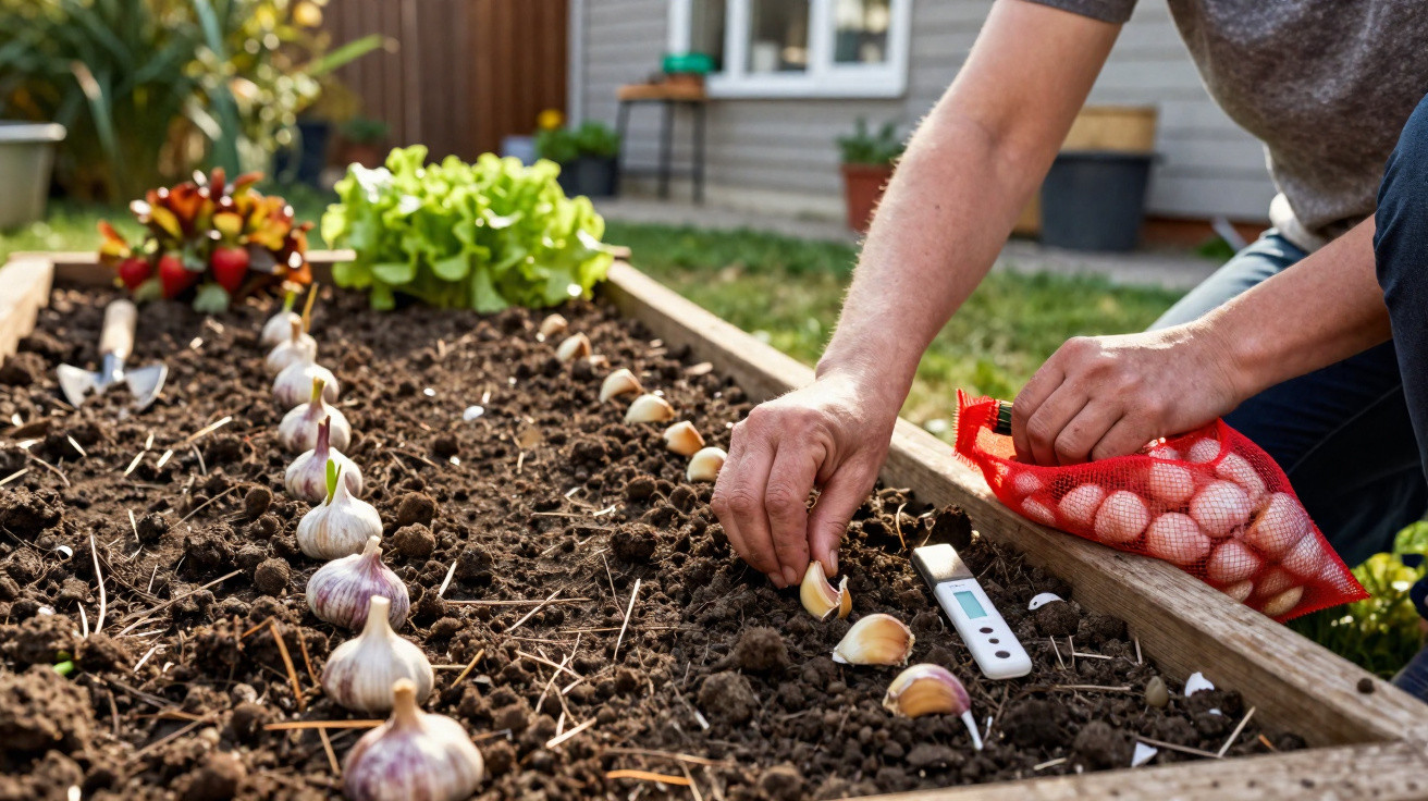 Person planting garlic cloves in a garden bed with rows of garlic bulbs and a soil thermometer nearby.