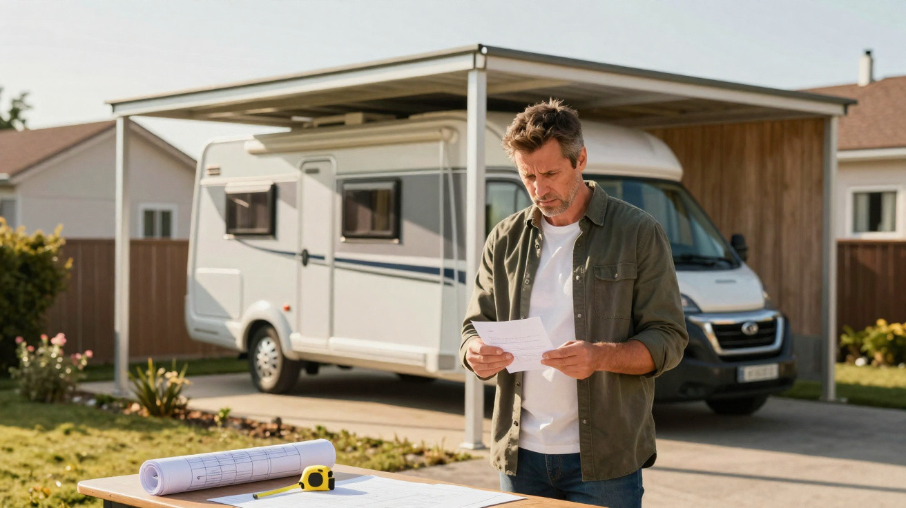 Man reading documents outside next to a motorhome parked under a carport in a residential driveway.