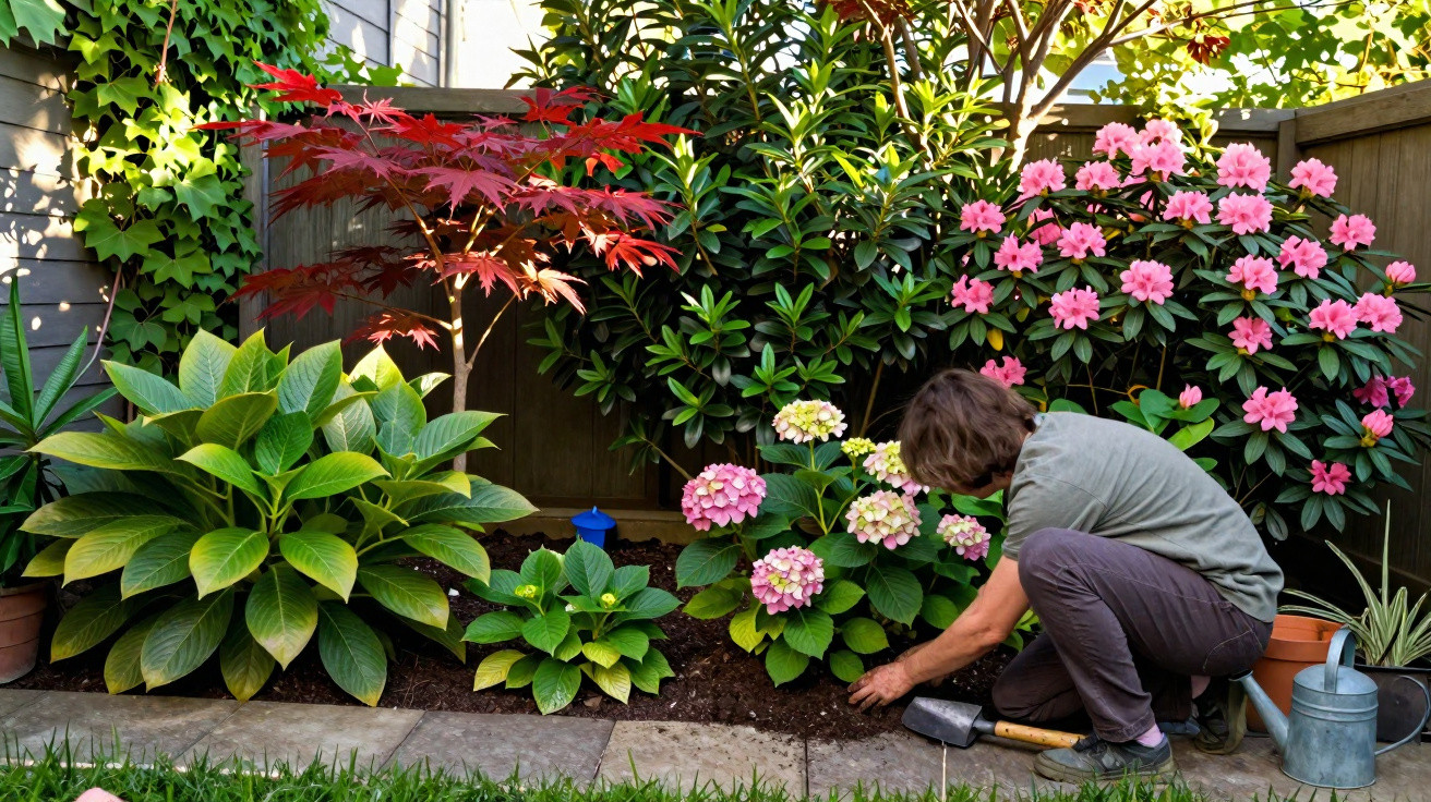 Person gardening among green leafy plants and pink flowers in a sunny fenced backyard corner.