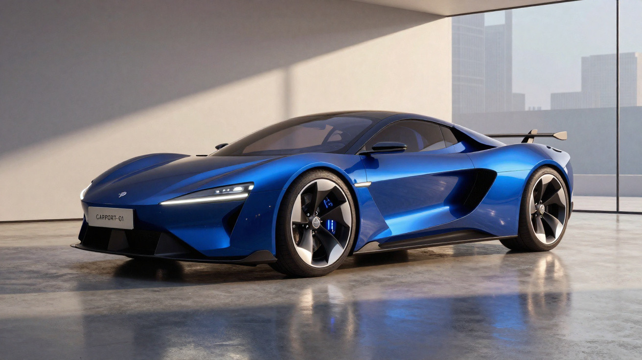 Blue futuristic electric sports car parked in a modern, sunlit showroom with city buildings visible outside.
