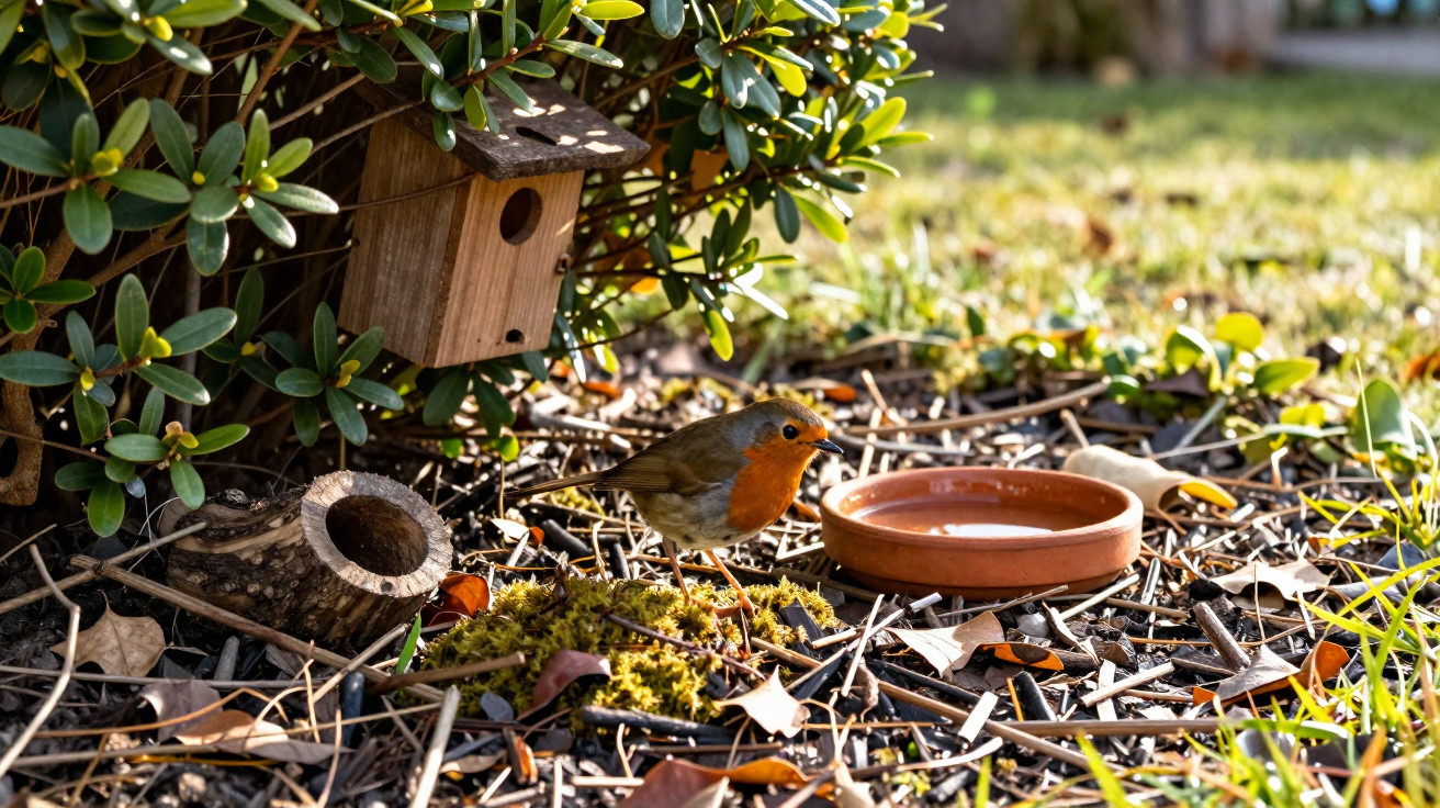 European robin standing on ground near a birdhouse and shallow water dish in a garden bush.