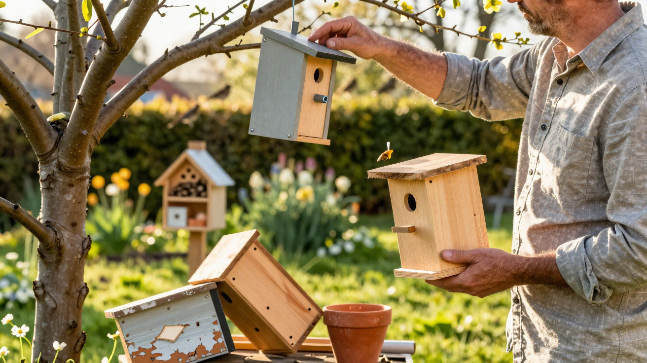 Man hanging wooden birdhouses on a tree in a bright garden with flowers and greenery.