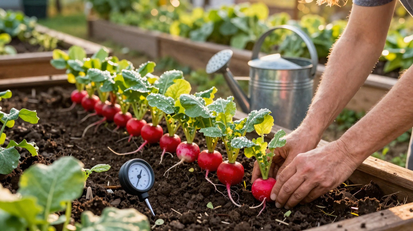 Hands harvesting fresh radishes in a raised garden bed with watering can and soil moisture meter nearby.