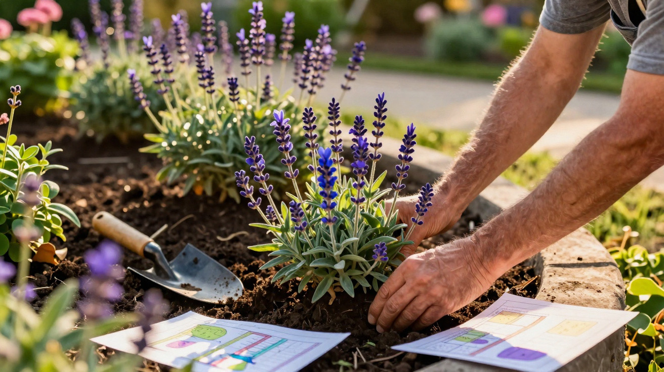 Person planting purple lavender flowers in garden bed with gardening tools and plans nearby.