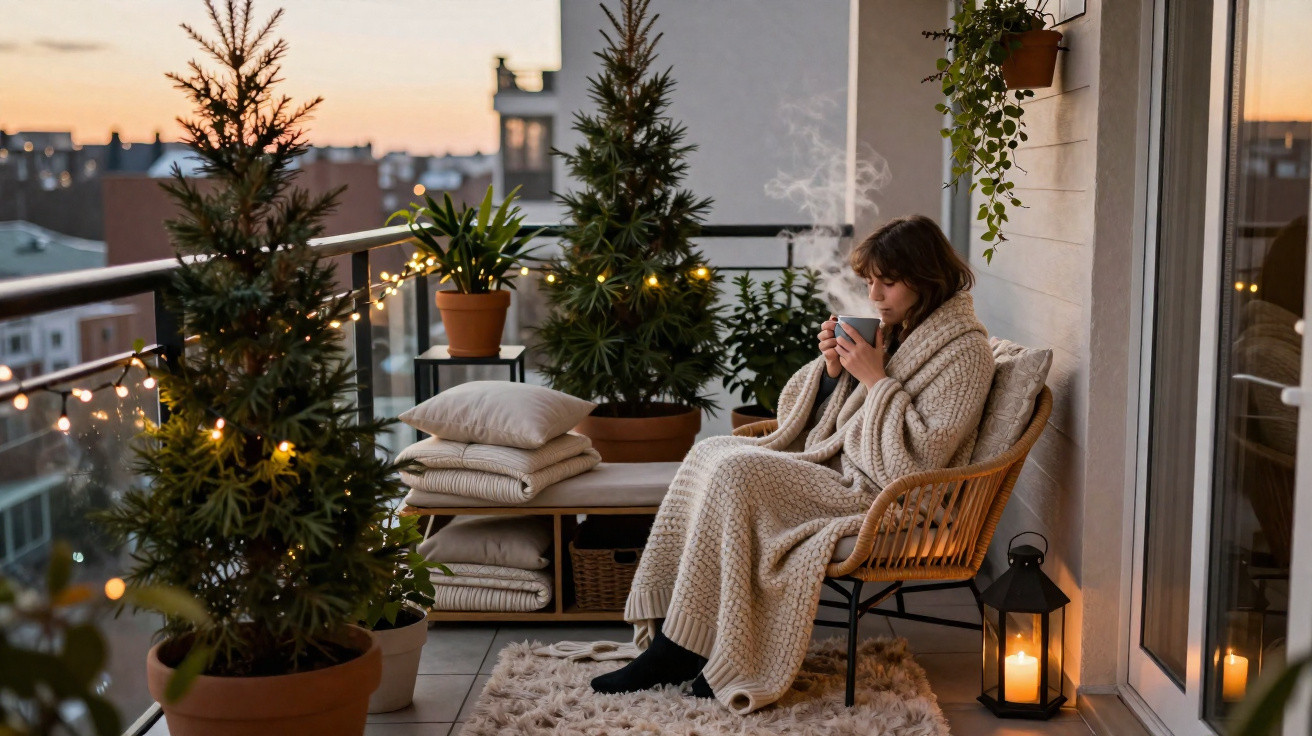 Woman wrapped in a cosy blanket sipping a hot drink on a decorated balcony at dusk with fairy lights and cushions.