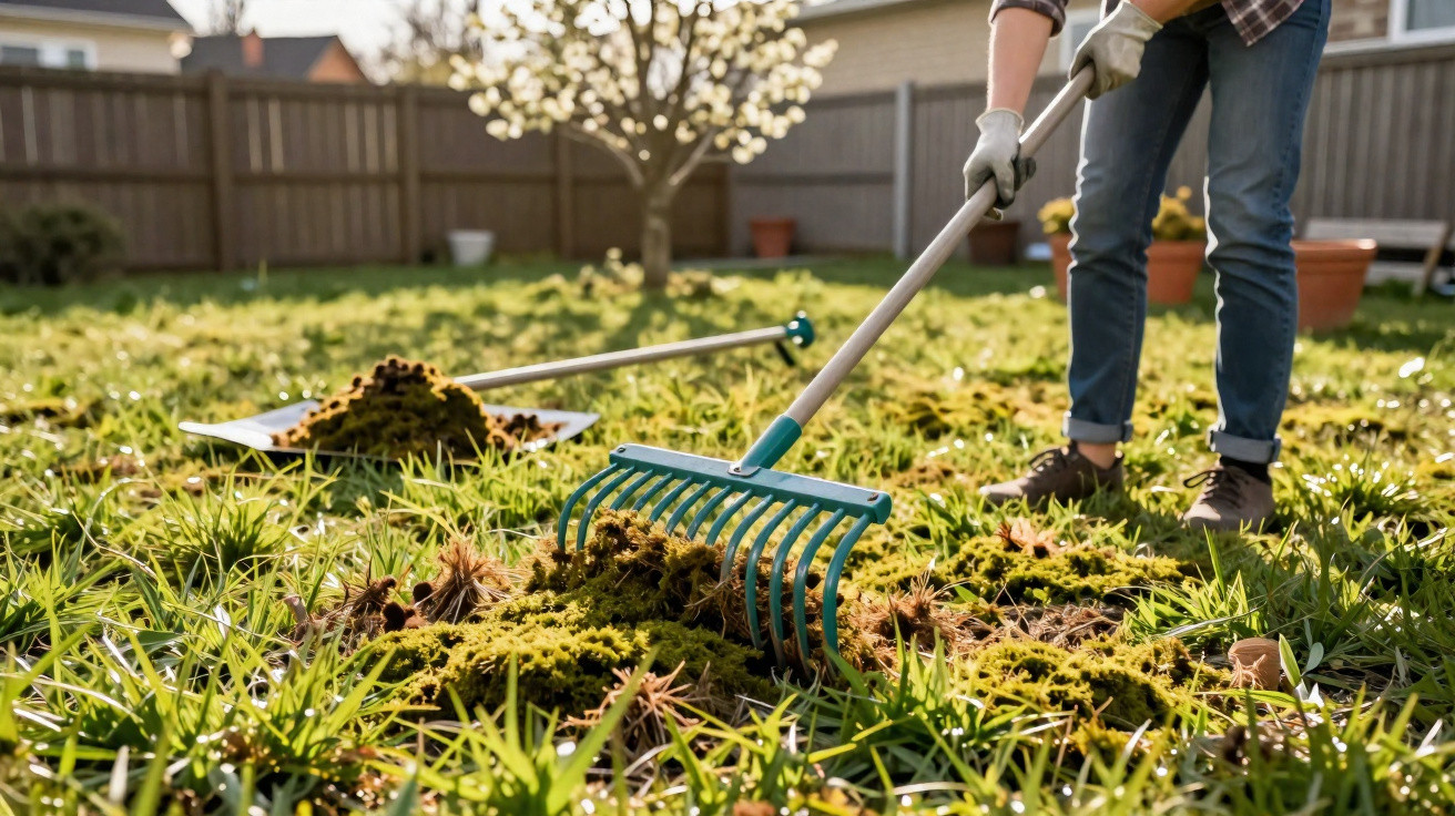 Person using a rake to clean moss and leaves from a backyard lawn with a wheelbarrow nearby.