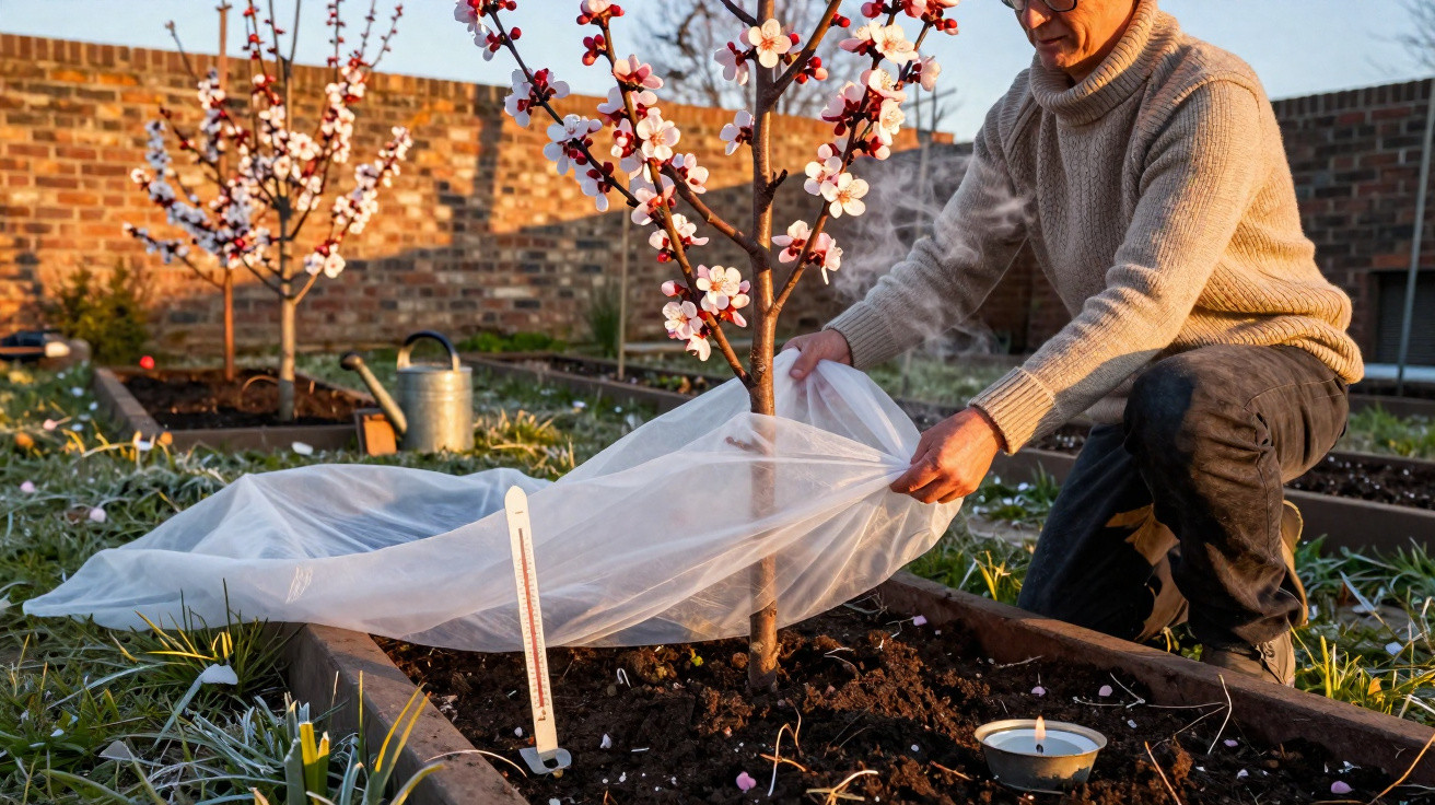 Person covering a blossoming tree with a protective frost cloth in a garden at sunset.