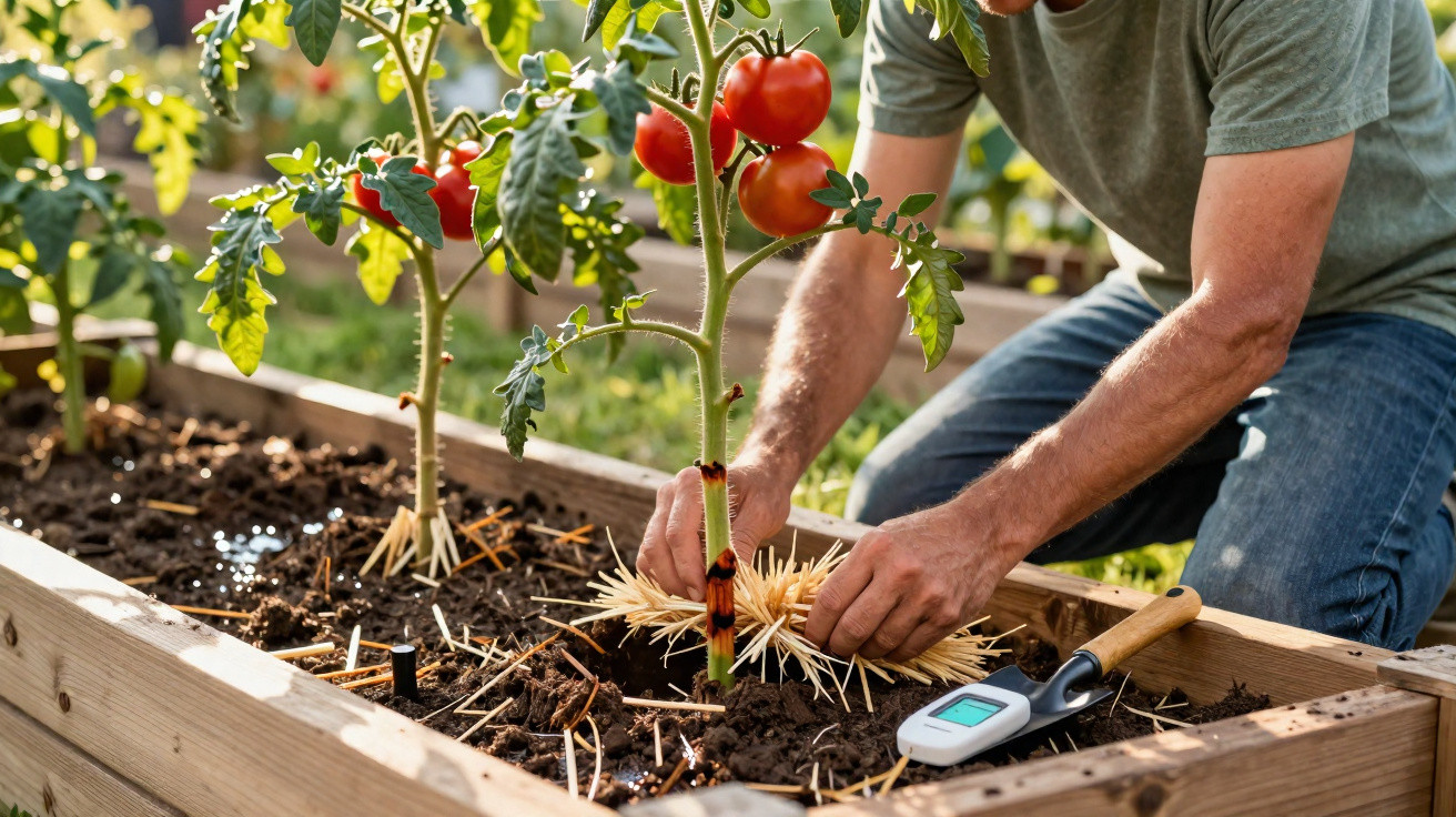 Person adding straw mulch around tomato plants growing in a raised wooden garden bed outdoors.