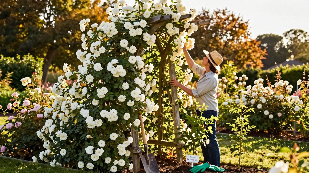 Person tending to white climbing roses on a wooden trellis in a sunlit garden during autumn.